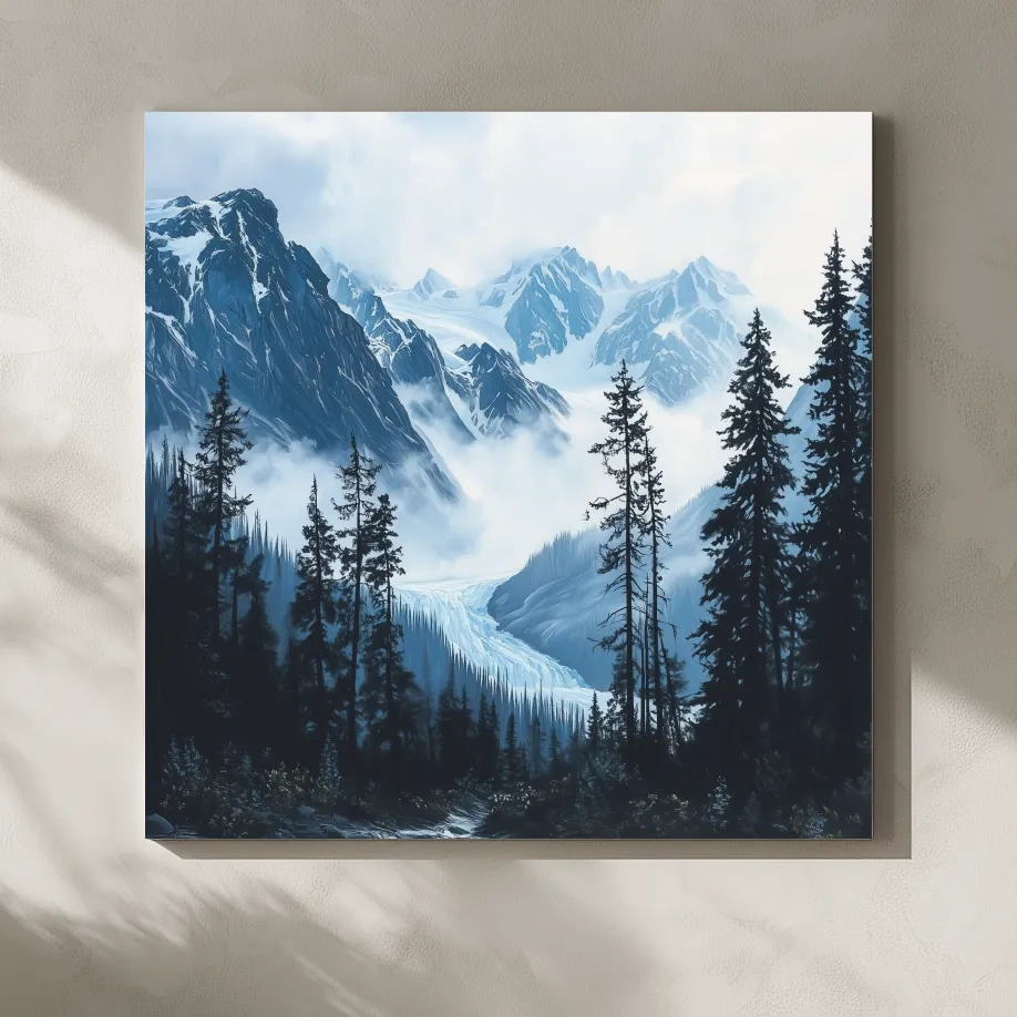 Misty Alpine Glacier Valley Landscape - Moody Mountain Forest Wall Art