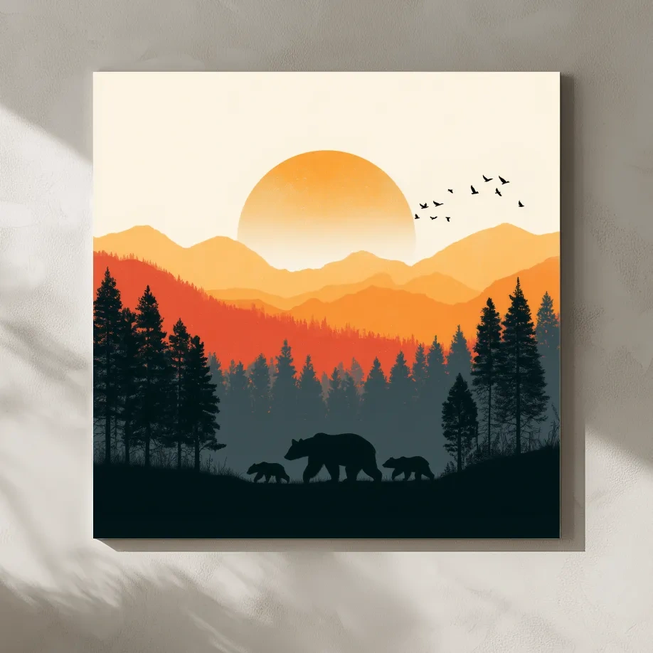 Sunset Mama Bear & Cubs Silhouette - Wildlife Forest Landscape Wall Art