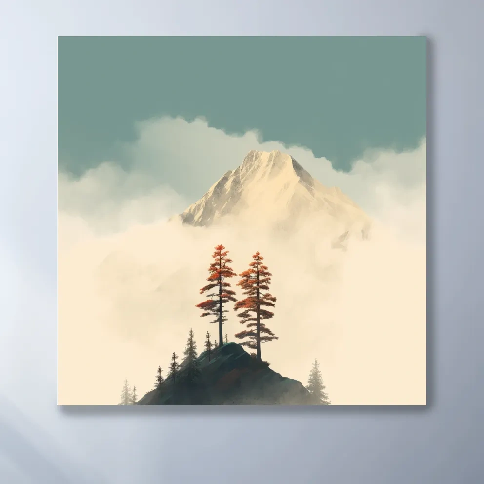 Minimalist art, trees before a glacier in the clouds