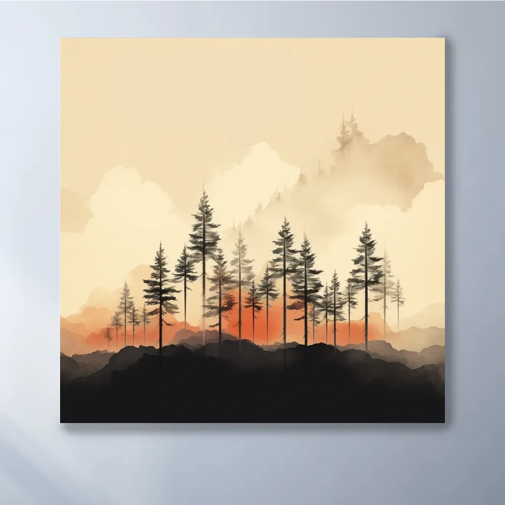 Misty Pine Forest Silhouettes At Sunrise - Minimalist Watercolor Mountain Wall Art