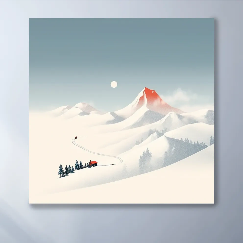 Minimalist Snowy Mountain Cabin Landscape - Nordic Winter Wall Art