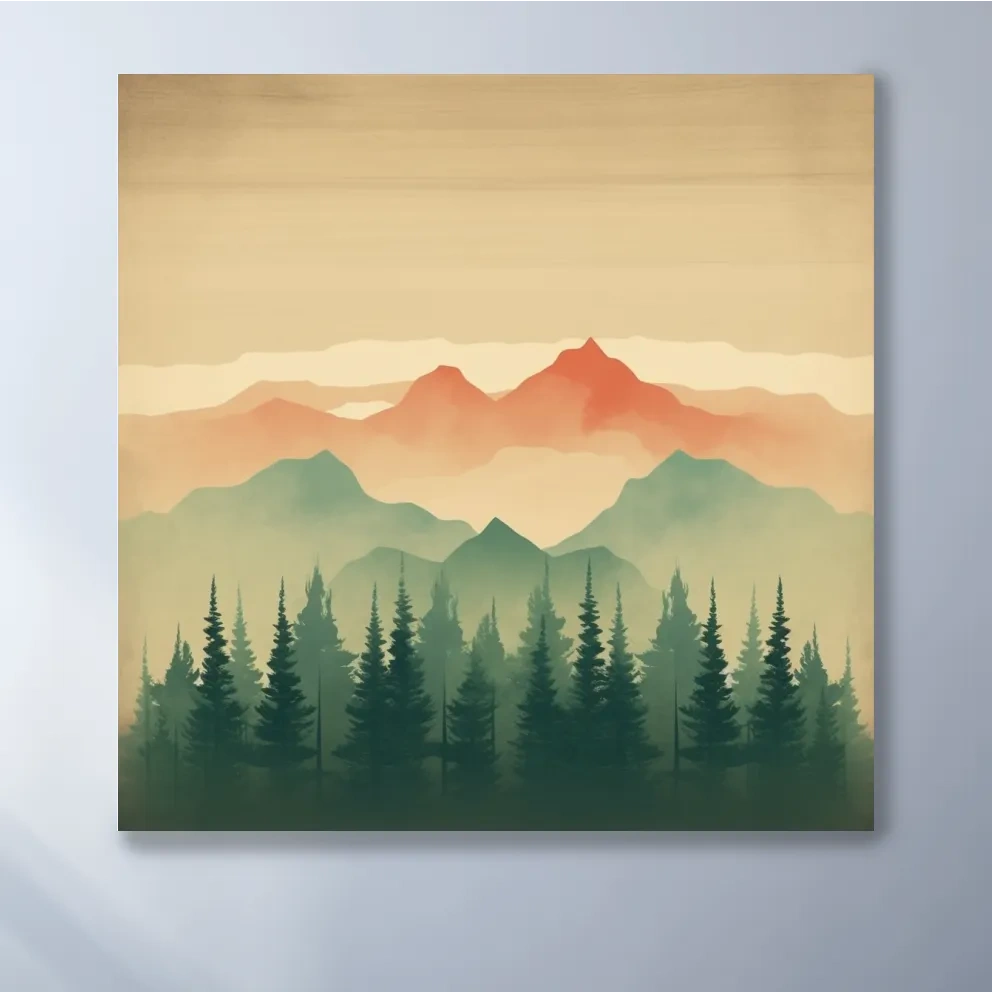 Minimal mountain artwork, treeline in the alpine mist
