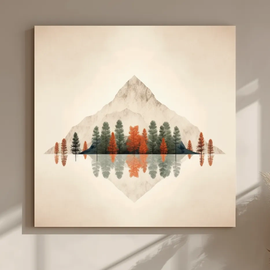 Minimalist Minimal Mountain Lake Reflection Painting - Autumn Pine Forest Artwork
