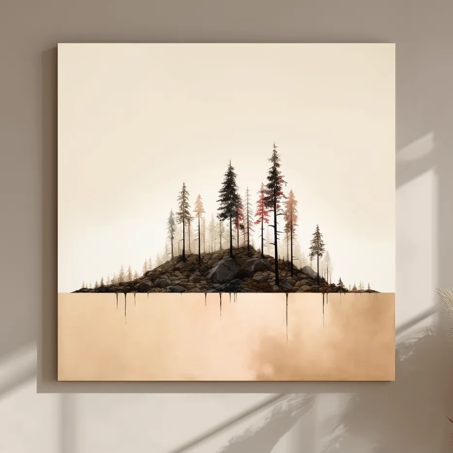 Minimalist Pine Forest Lake Illustration - Scandinavian Landscape Artwork