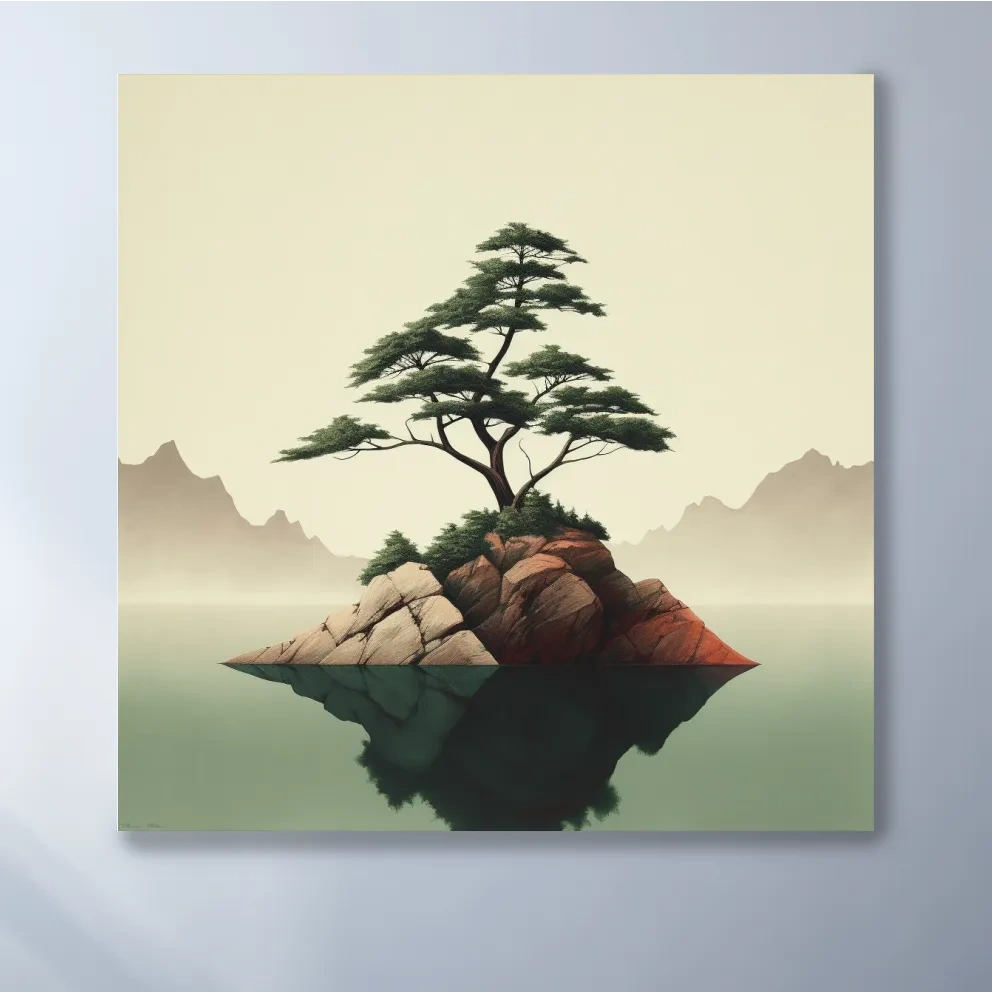 Mimimal mountain art, tree on a lake