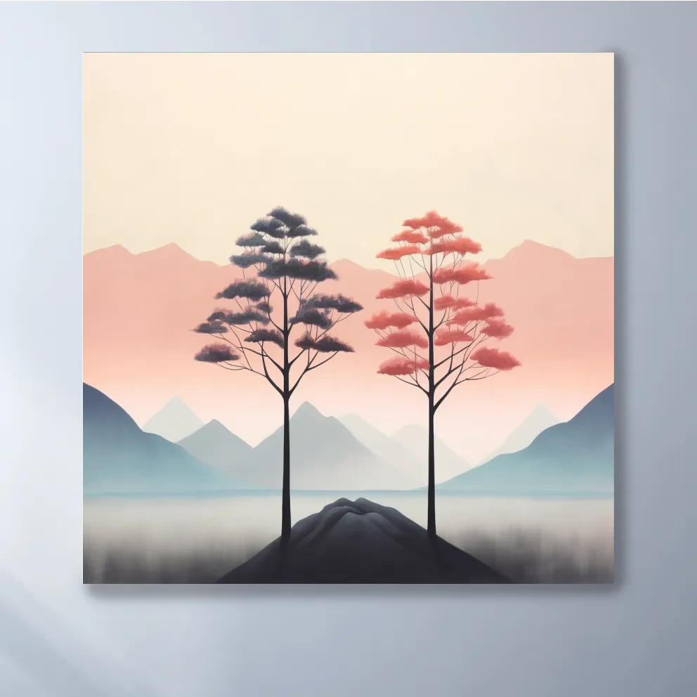 Minimalist Twin Pine Trees Landscape - Serene Pastel Mountain Lake Wall Art