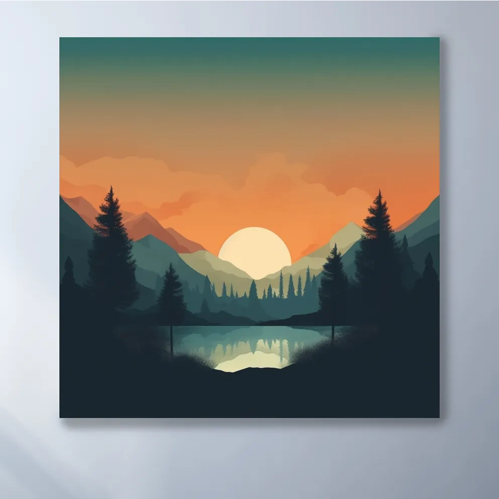 Minimal sunset mountain lake artwork, serene landscape with reflections