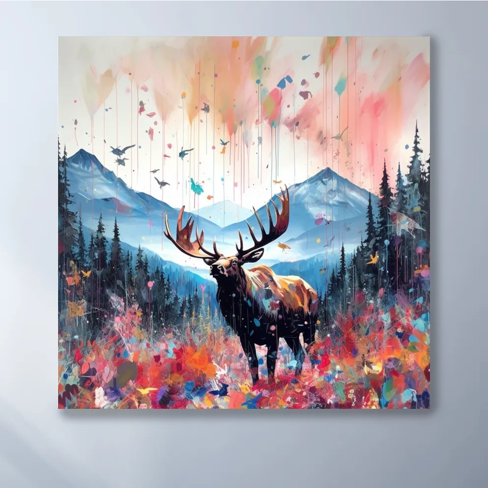 Abstract splattered painting of a large moose