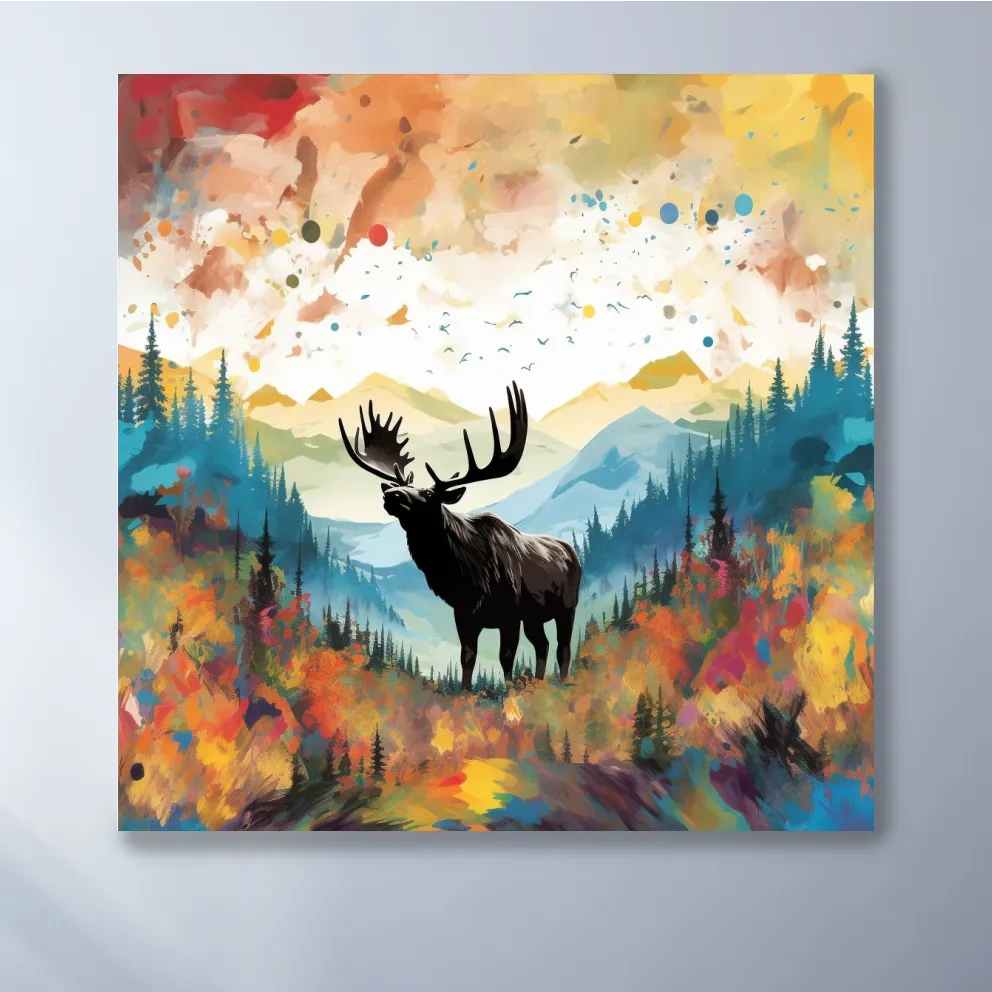 Abstract splattered painting of a large moose