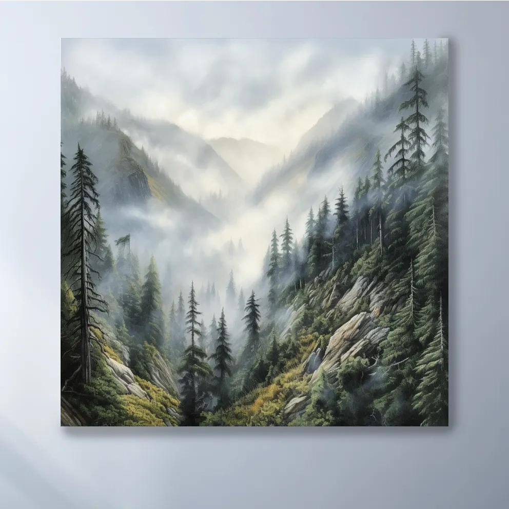 Painting of fog rolling through the mountains and trees