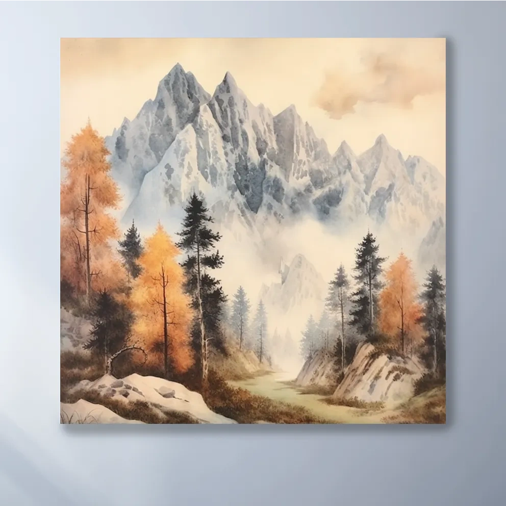 Watercolour painting of mountains and trees