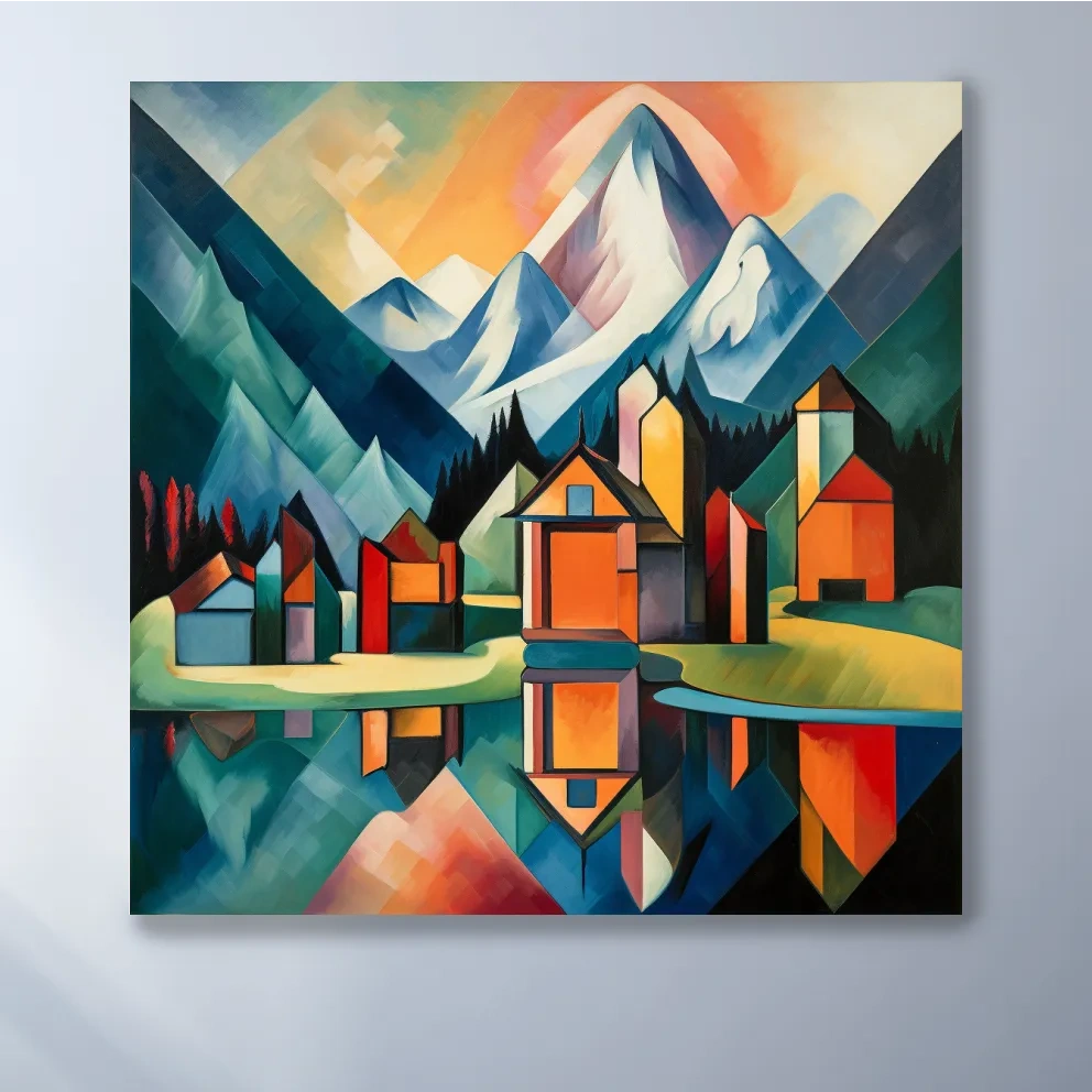 Abstract painting of a mountain town by a glacier