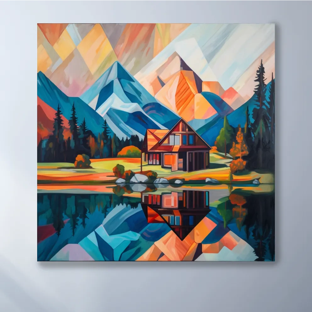 Vibrant Geometric Mountain Cabin Lake Reflection - Abstract Sunrise Wall Art