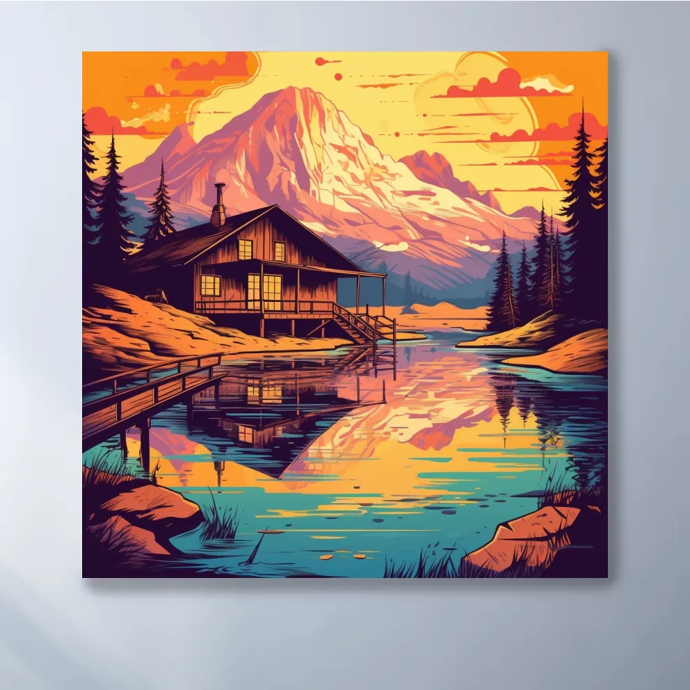 Colourful illustration of a cabin by an alpine lake at sunset