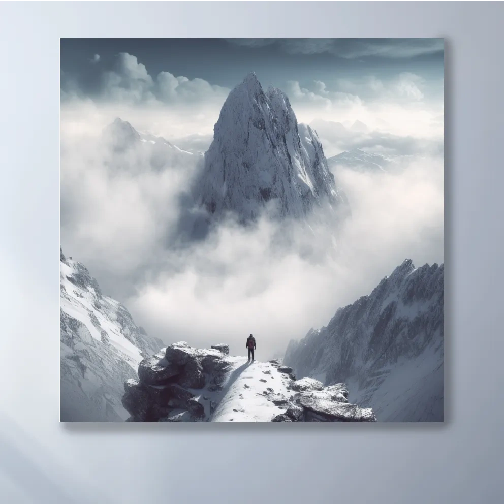 Photographic art of a person standing on a snowy mountain ridge