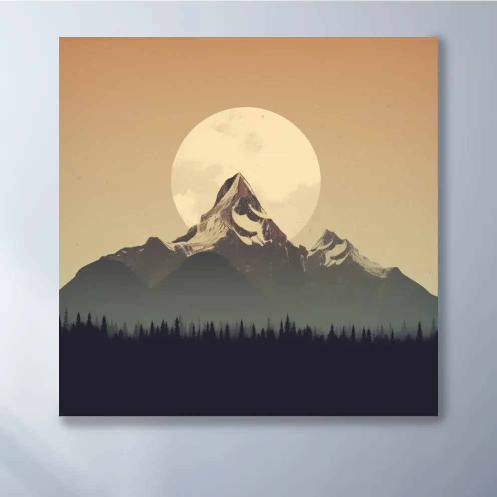Graphical art of the moon behind a large mountain, minimalist mountain wall art
