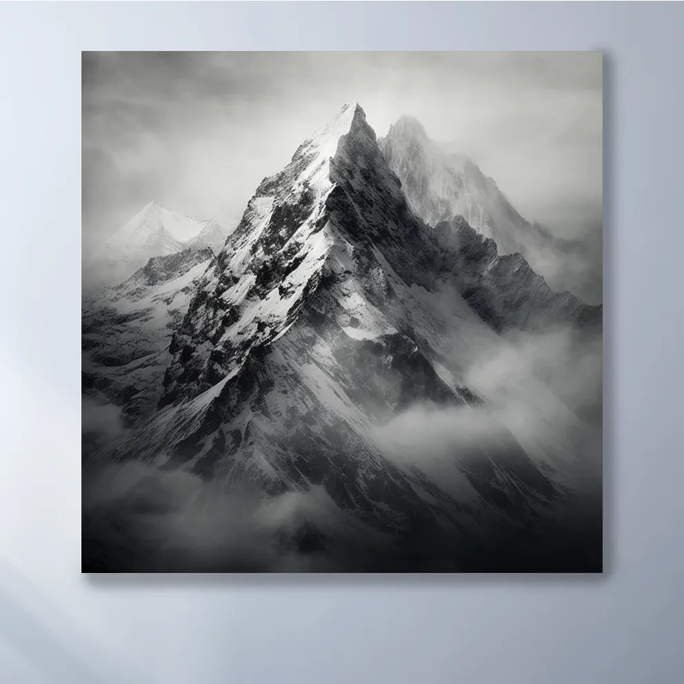 Photographic art, ominous snowy peaks in the clouds