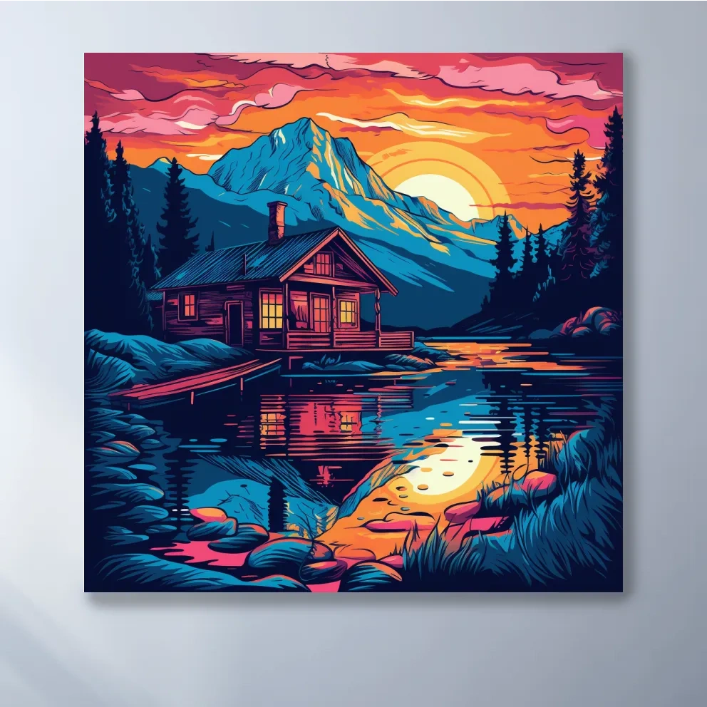 Illustration of a cabin by a lake at sunset
