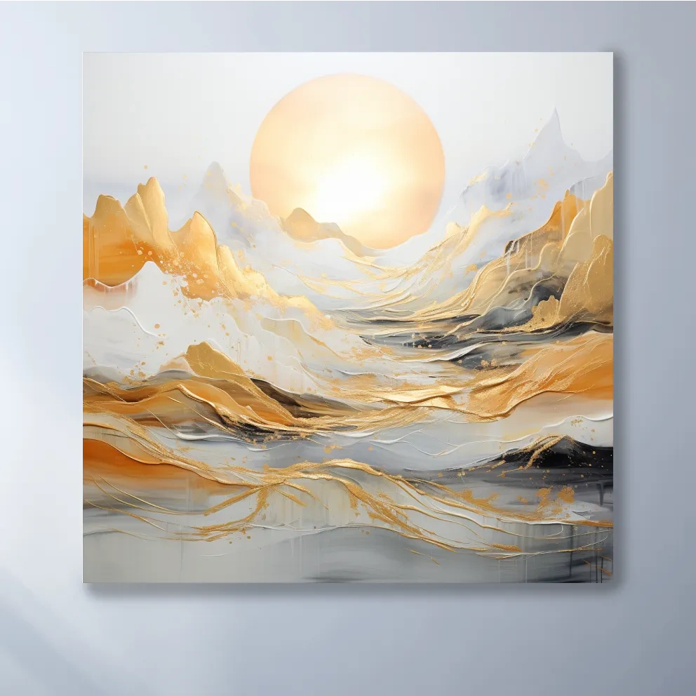 Mountain landscape art, gold leaf painting style