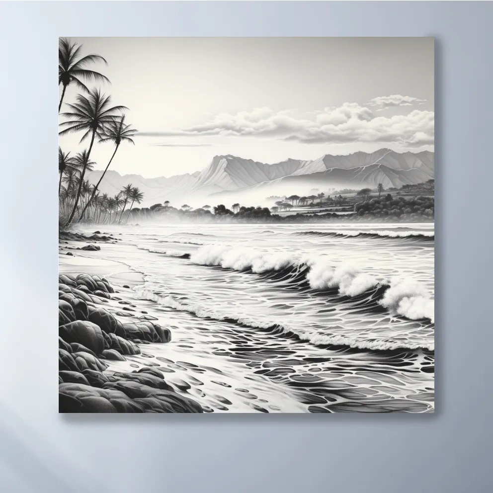 Black and white drawing of a tropical beach mountain scene