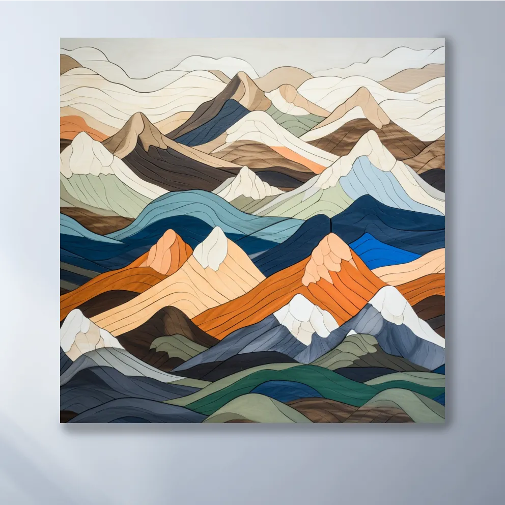 Wooden art, snow mountain peaks