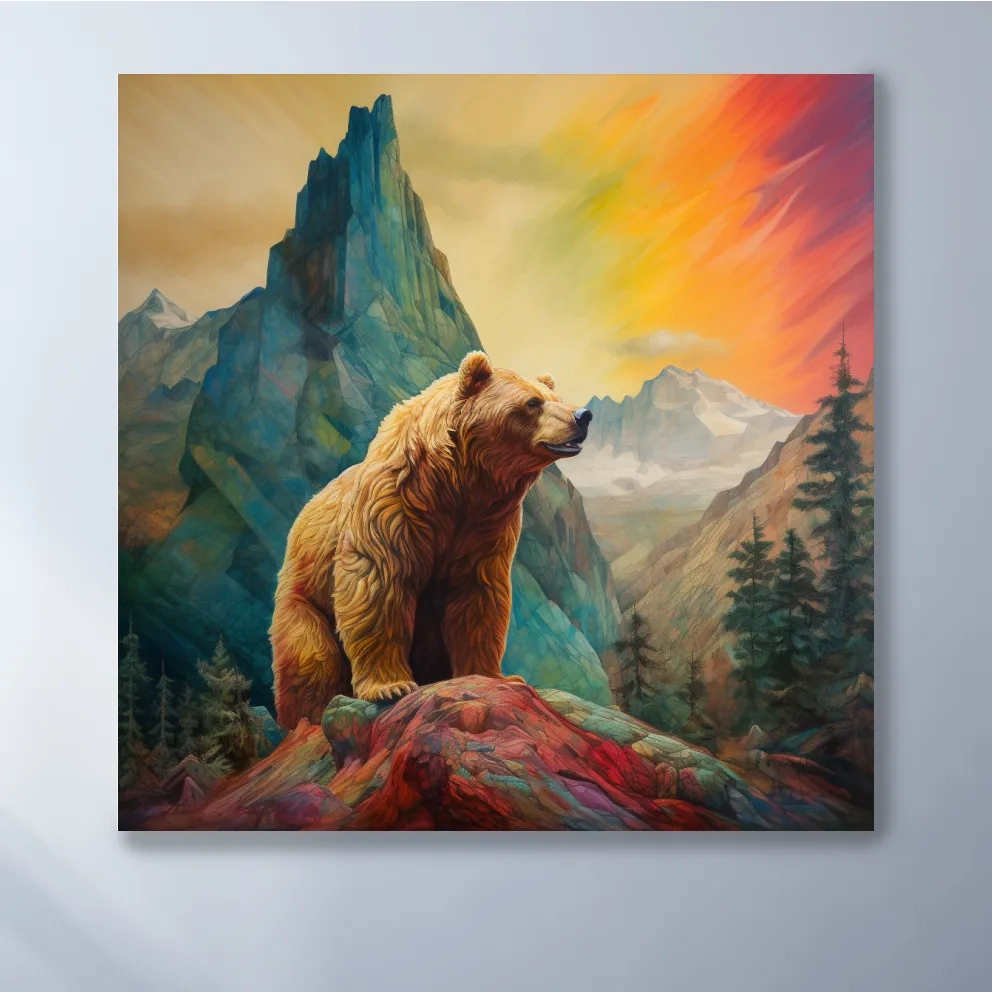 Majestic Grizzly Bear Mountain Landscape - Vibrant Painting Style Wildlife Wall Art
