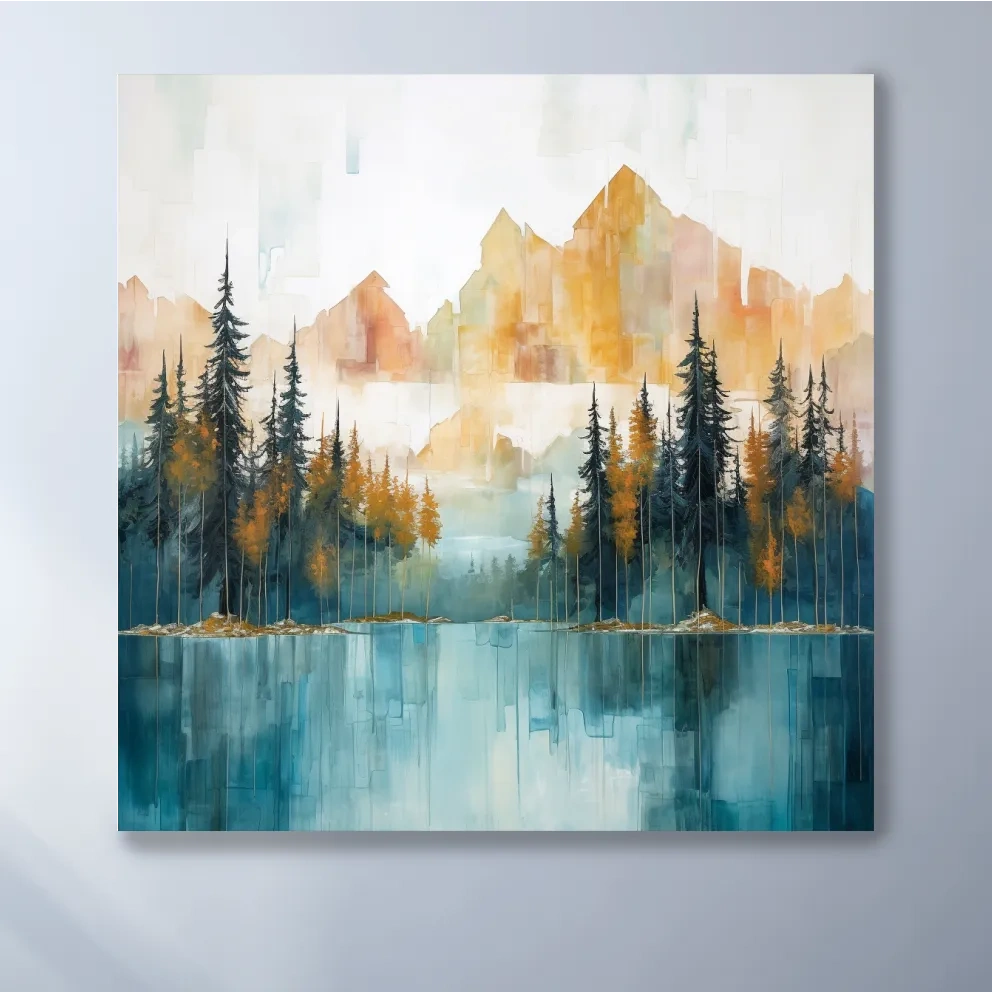 Watercolour painting of an alpine lake in the mountains