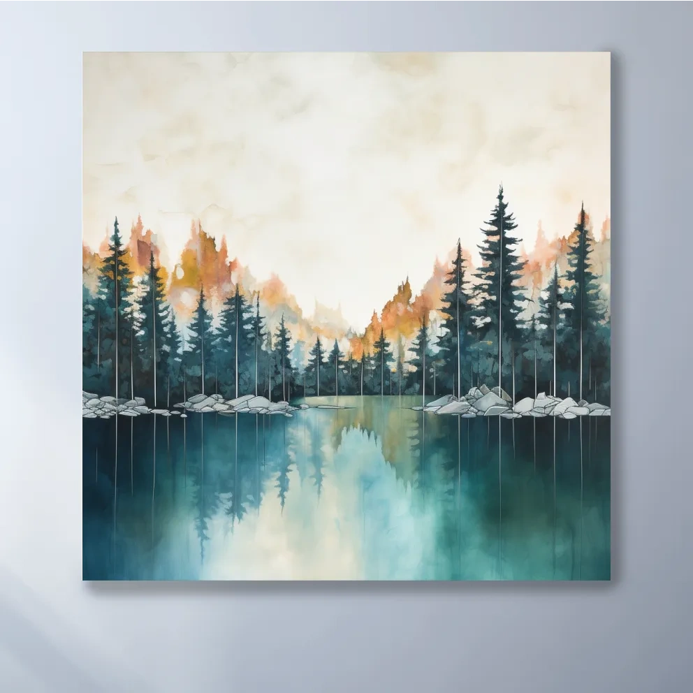 Blue and orange watercolour painting of a treelined lake