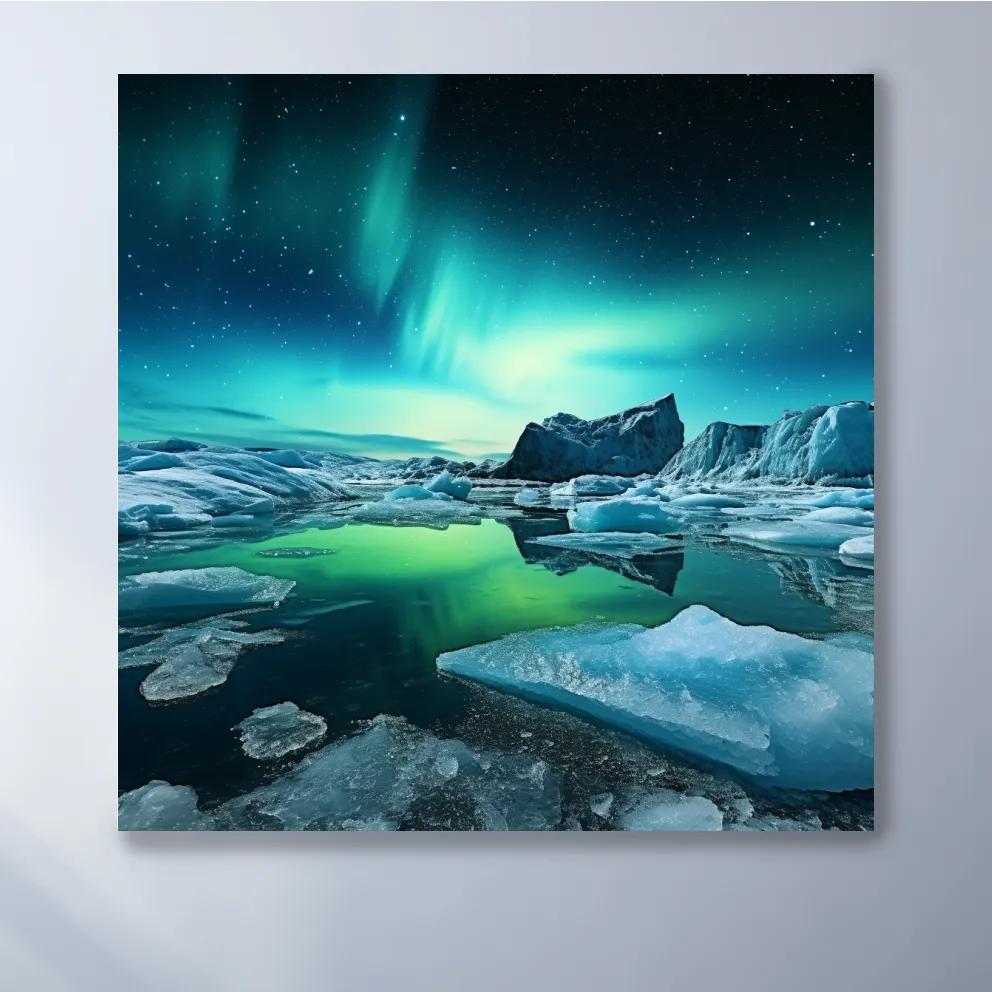 Photographic art, turquoise northen lights over the artic ice