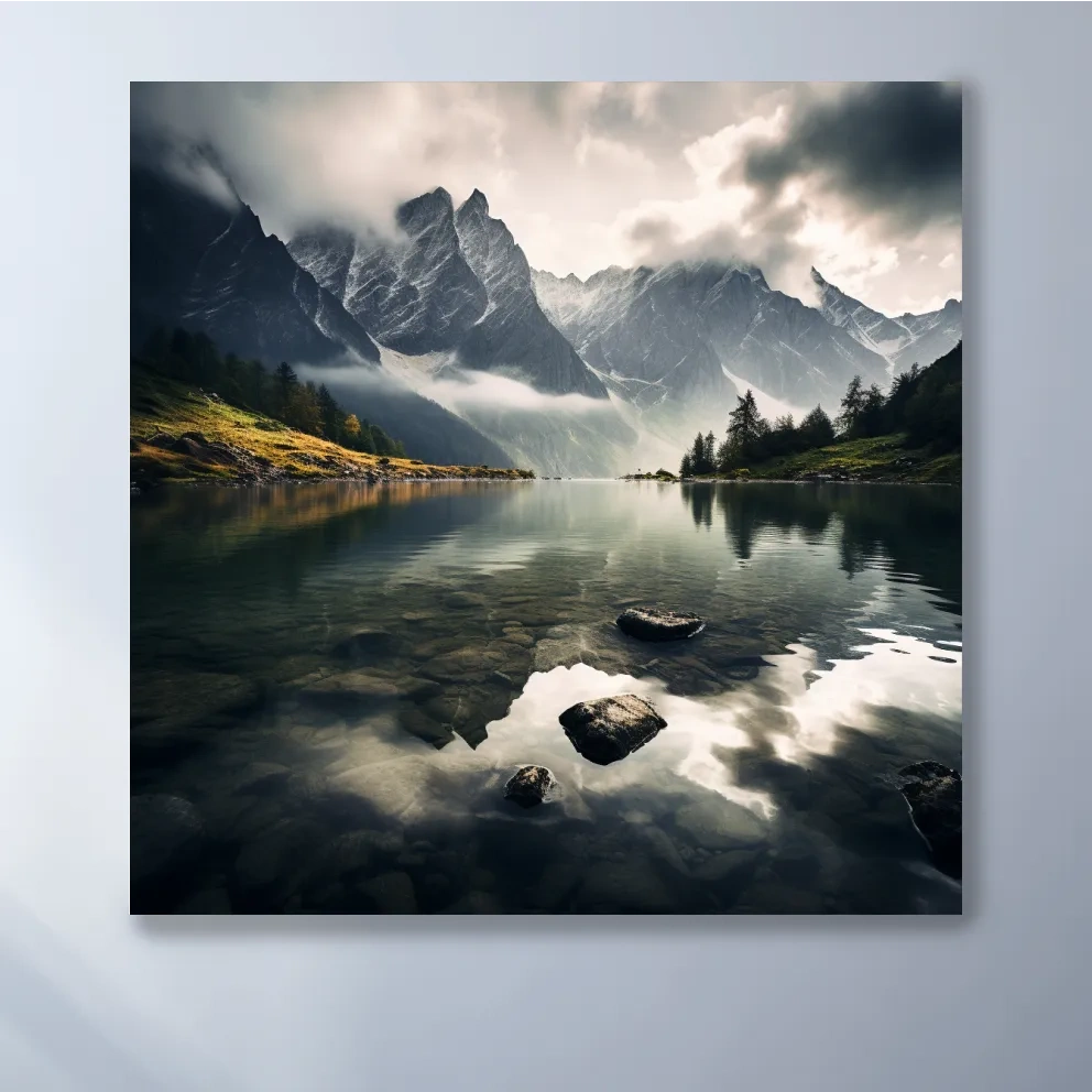 Moody Alpine Lake Reflection Photograph - Dramatic Landscape Wall Art