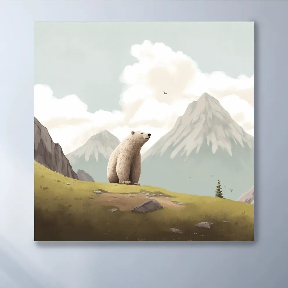 Illustration of a happy bear chilling in the alpine