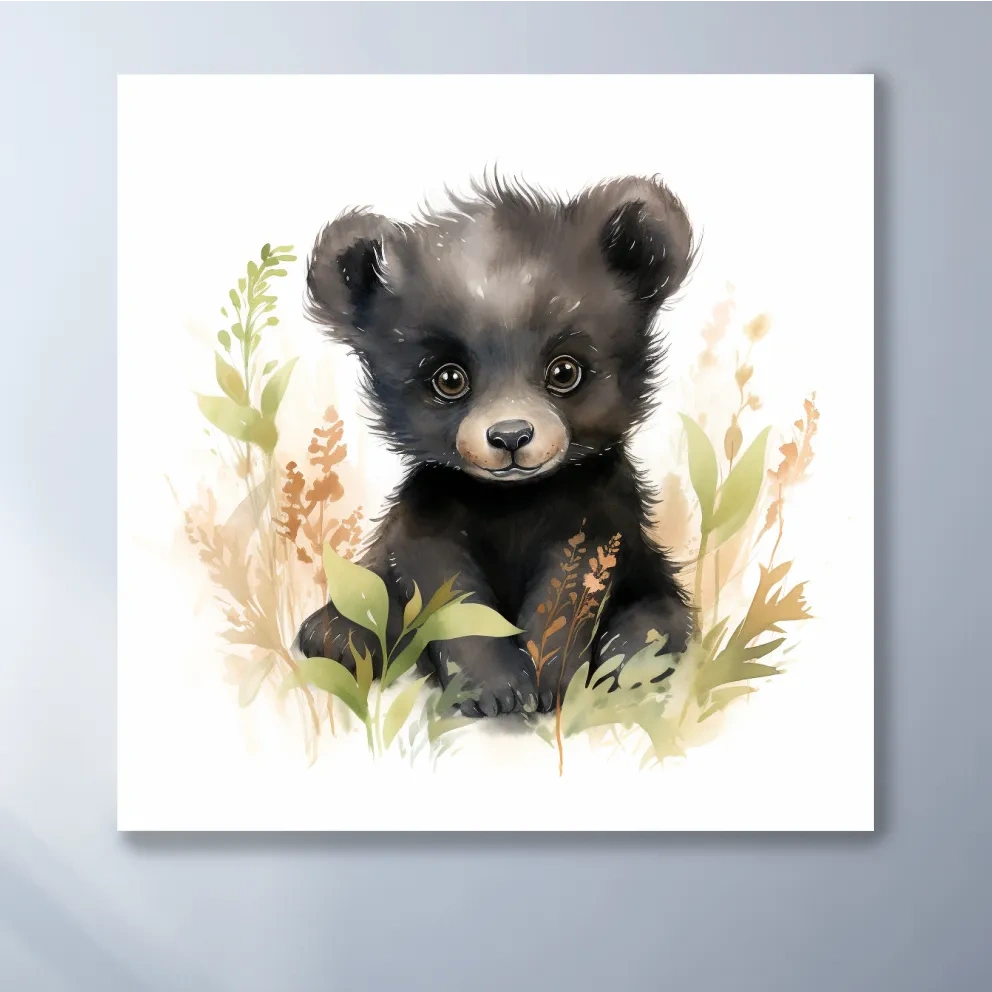 Watercolor painting of a cute black bear cub, nursery art painting