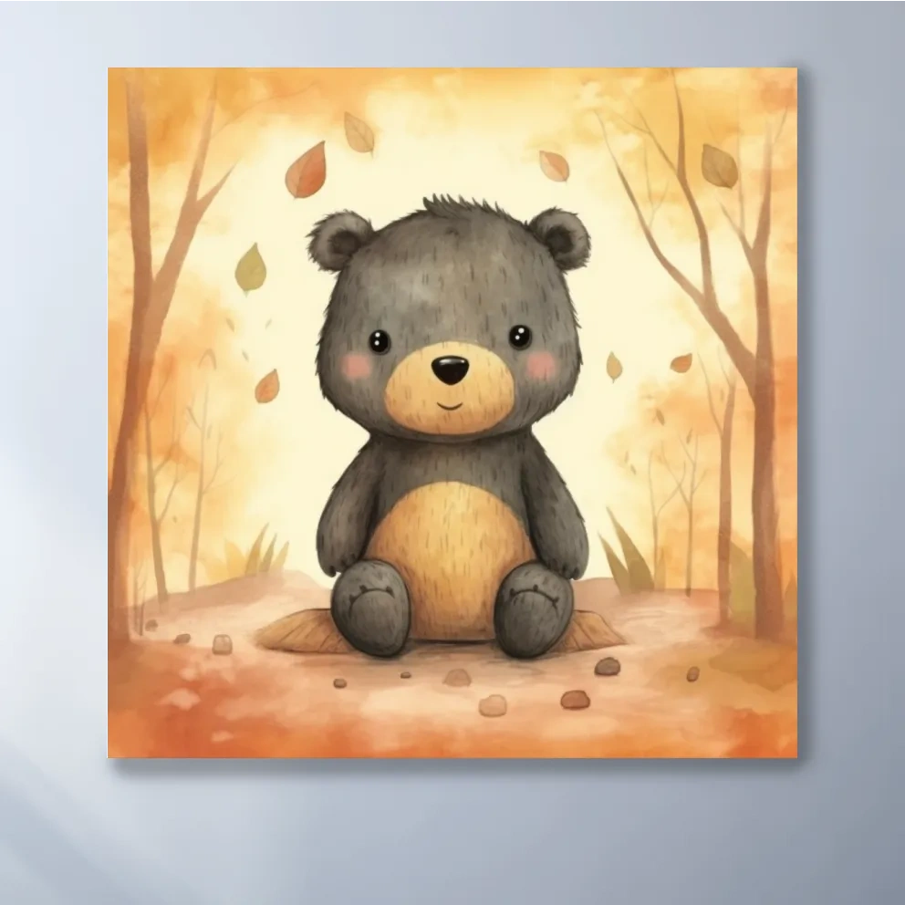 An illustration of a cute bear sitting in the forest, childrens art