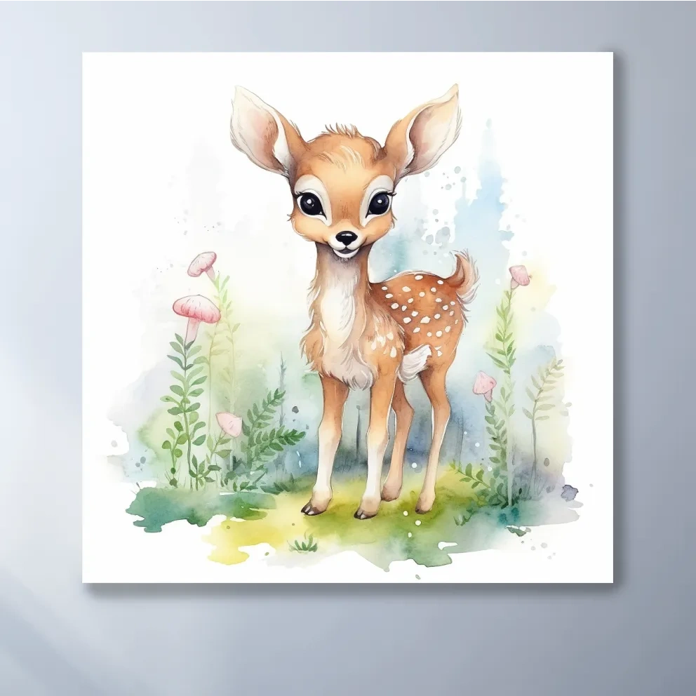 Nursery art, watercolor painting of a cute fawn in the forest