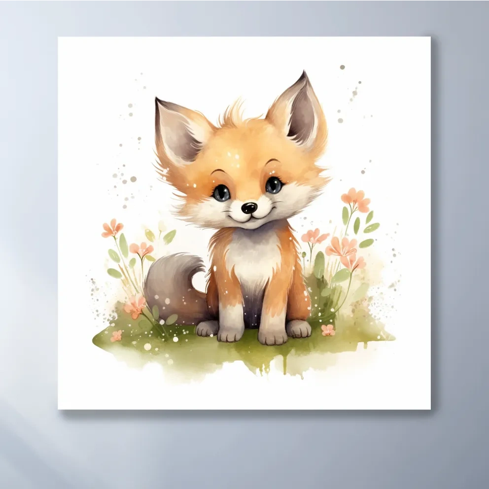 Watercolor illustration, a cute fox cub in the flowers, nursery art