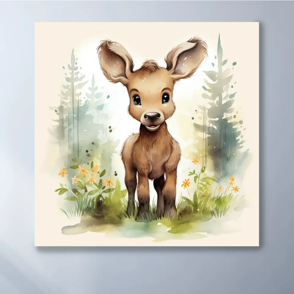 Nursery art watercolor painting, a cute baby deer in the forest