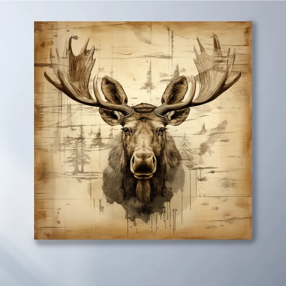 Vintage style art, moose head on wood print