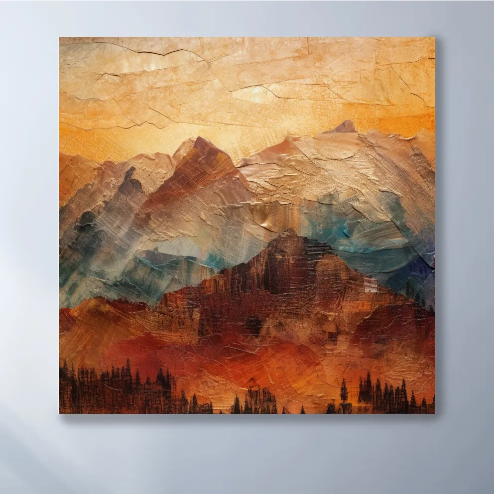 Impasto Style Abstract Mountain Range Sunset - Warm Rustic Landscape Wall Art