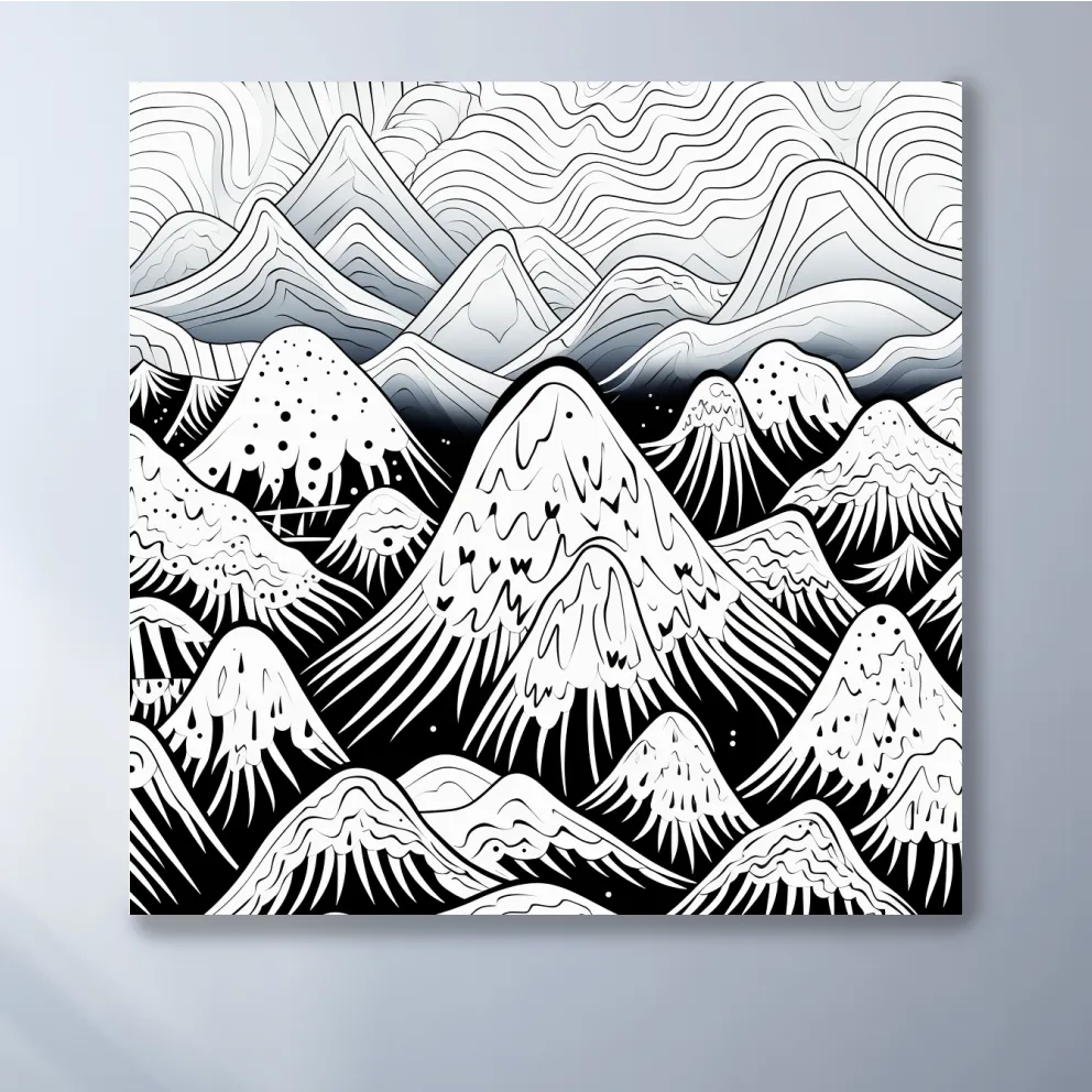 Black and white illustration of snowy mountain peaks