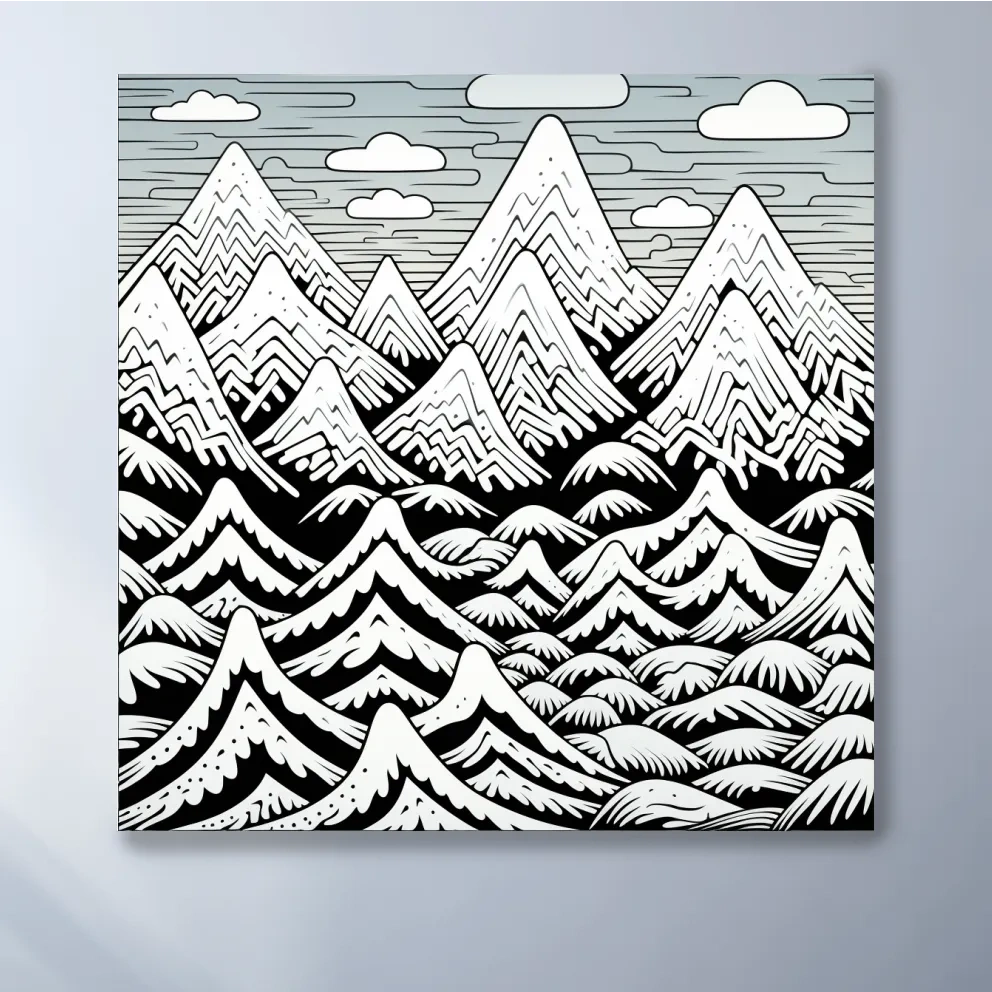 Black and white illustration drawing of snowy mountain patterns