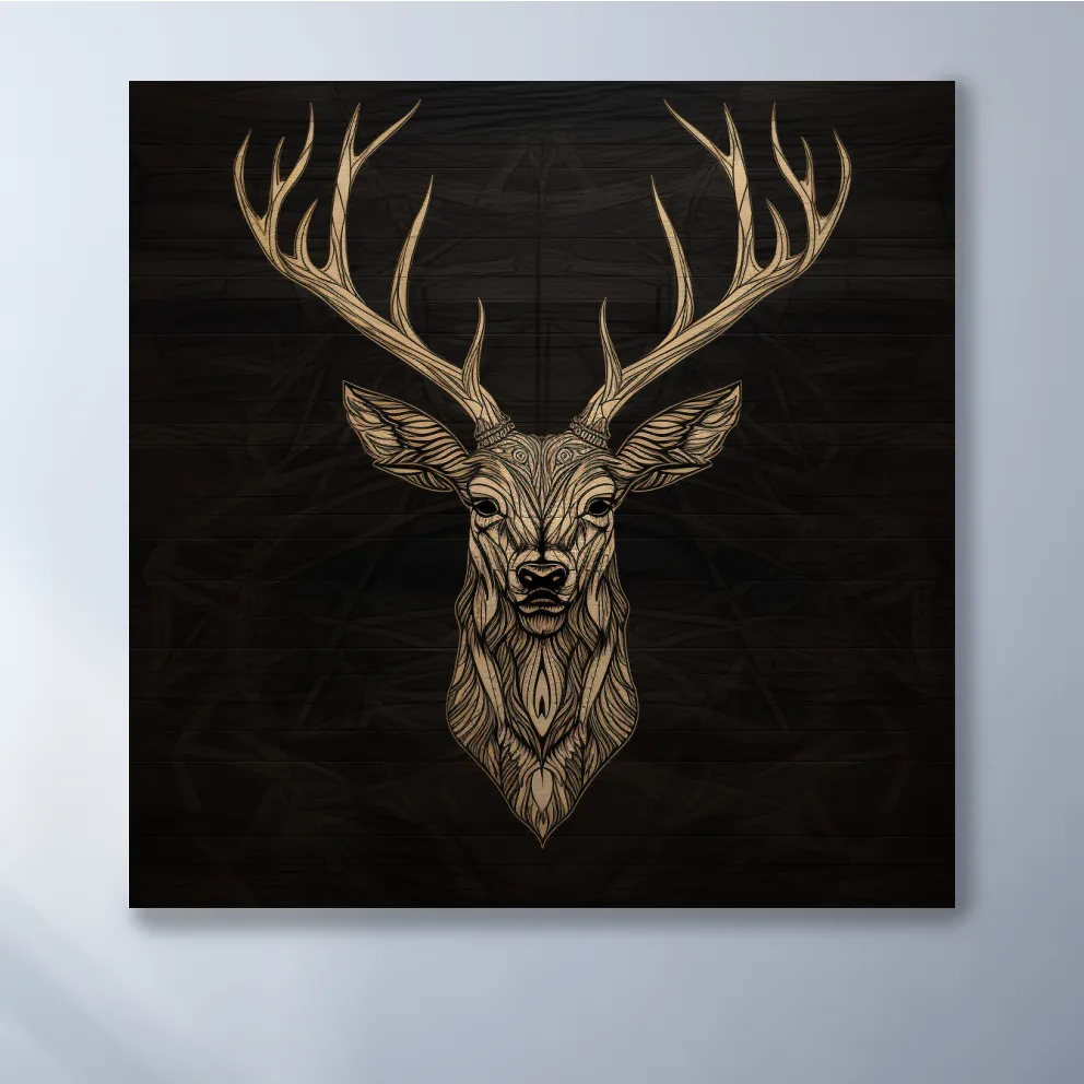 Elegant Geometric Deer Head Line Art - Rustic Woodcut Style Wildlife Artwork