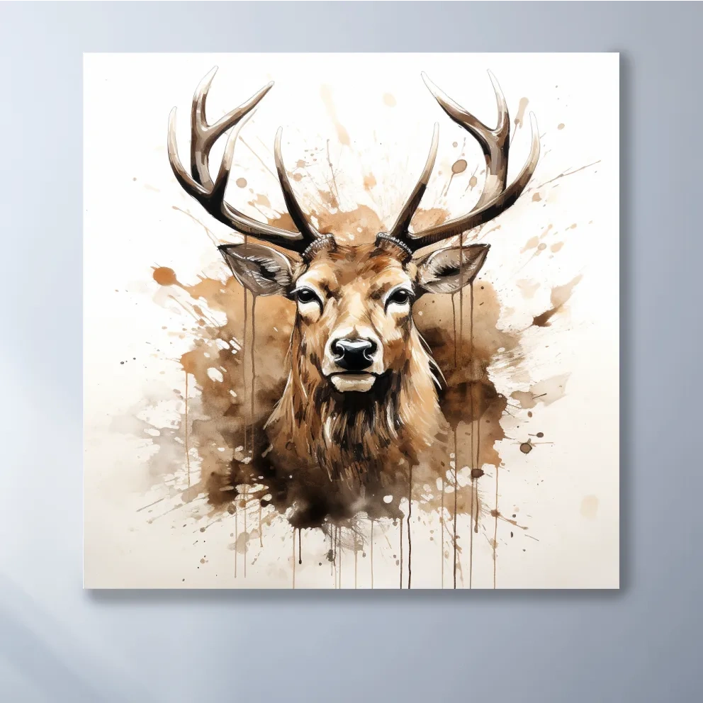 Splattered watercolour painting of a deers head