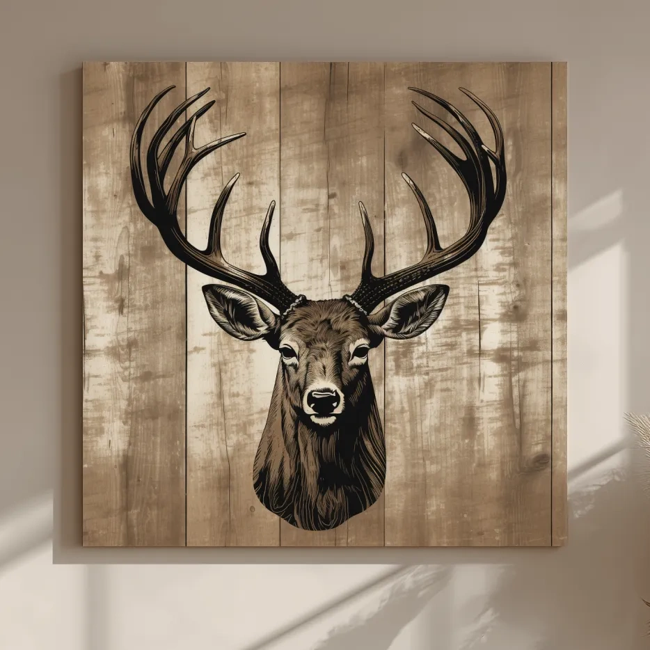 Rustic Stag Head Illustration - Vintage Cabin Lodge Wildlife Wall Art