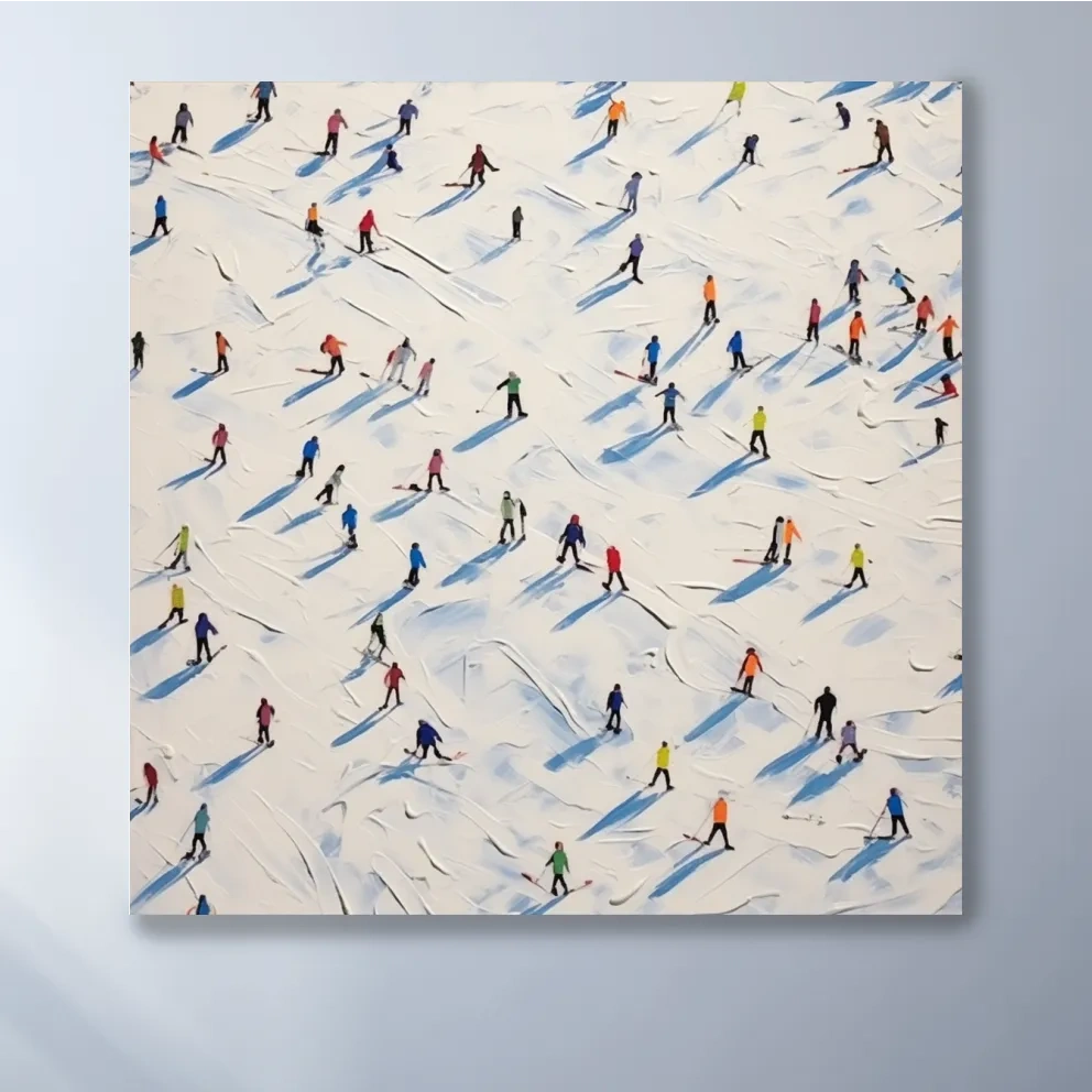 Aerial view of a ski resort with lots of little skiers, textured painting effect
