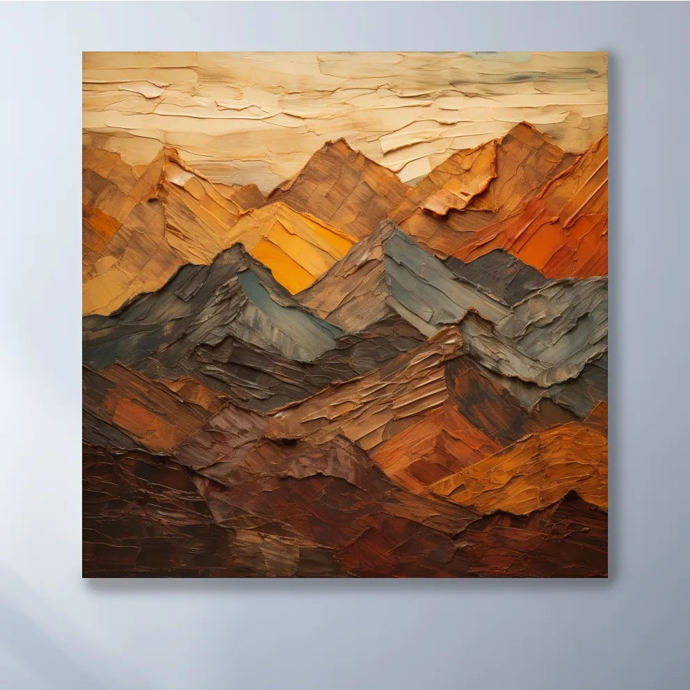 Earthy coloured mountains artwork, textured impasto painting effect