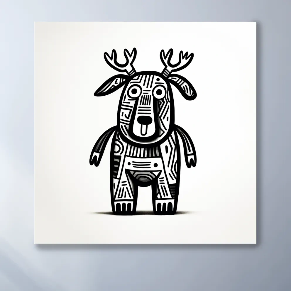 Whimsical Tribal Deer Illustration - Quirky Black And White Animal Wall Art
