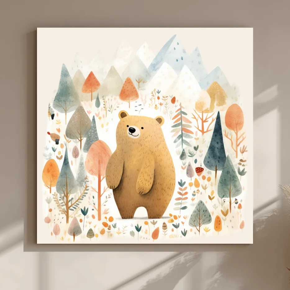 Cute Watercolor Bear In Mountain Forest - Whimsical Nursery Wall Art