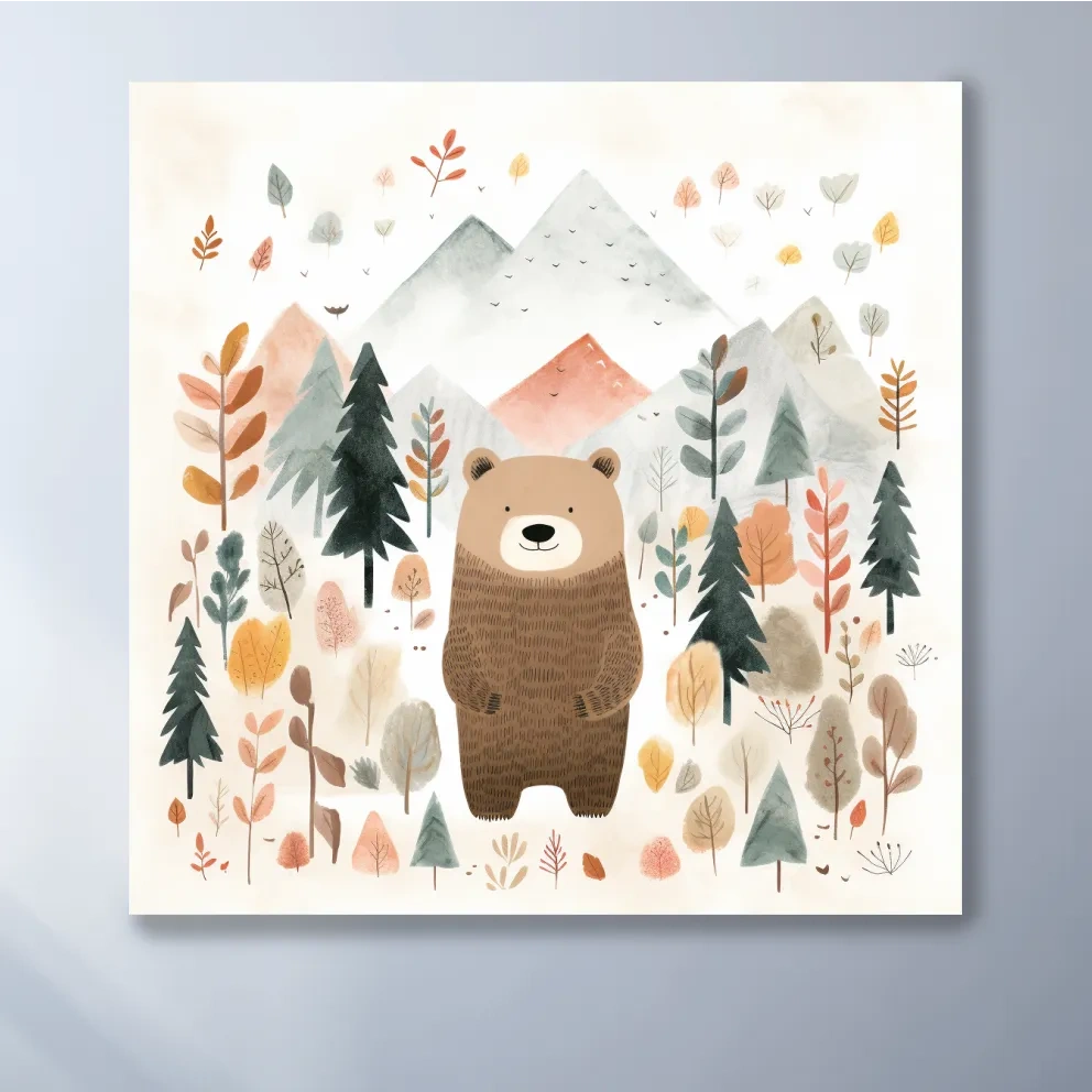 Nursery storybook art illustration of a brown bear in the forest