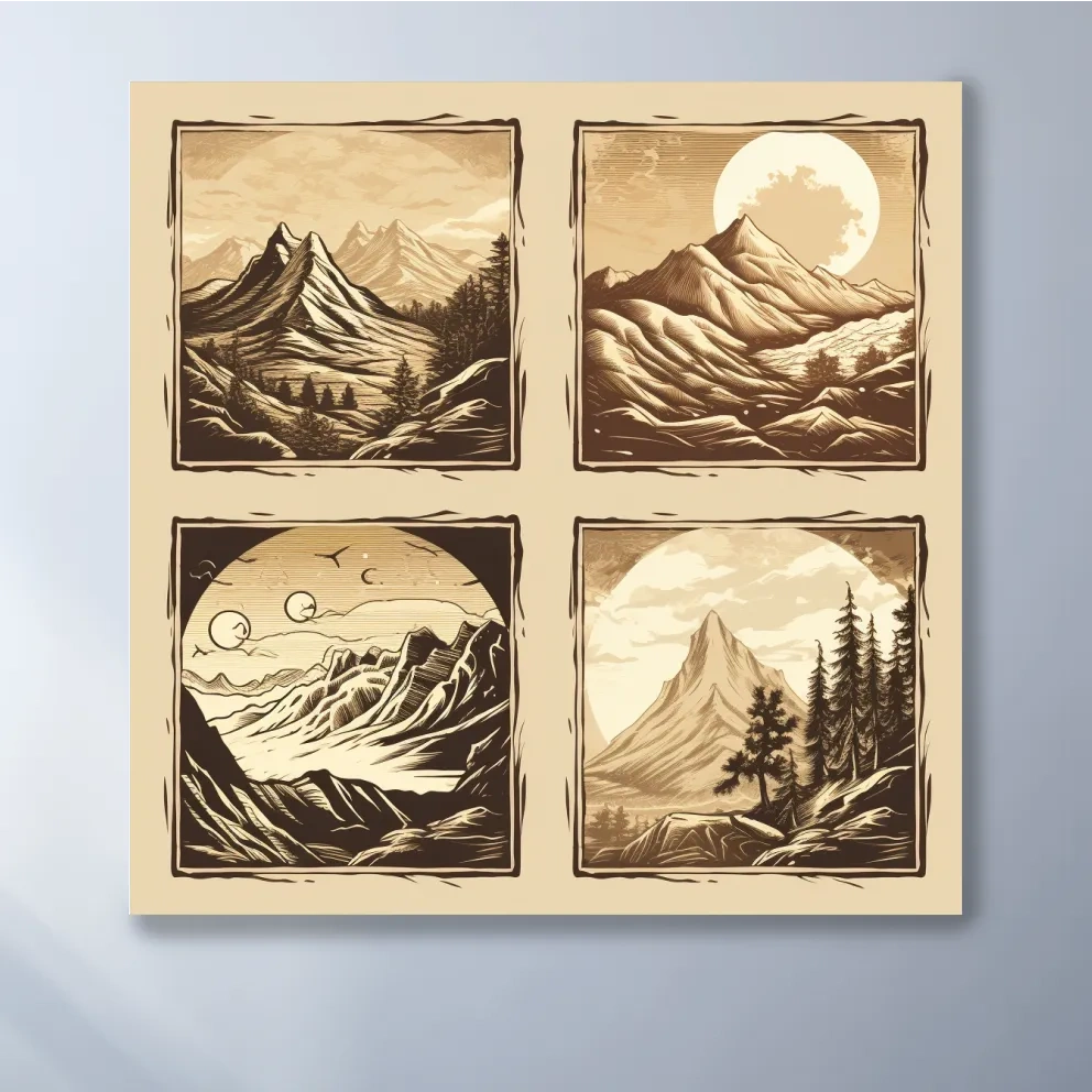 4x4 grid alpine mountain artwork, vector style illustrations, sepia tone