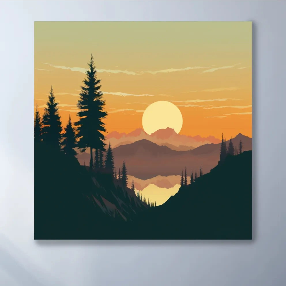Mimimal mountain art, sunset over the alpine trees
